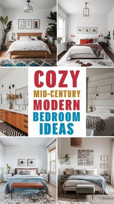 the collage shows different types of bedding and decor in this bedroom with white walls