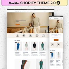 the shopify website is displayed on two laptops, one with men's clothing