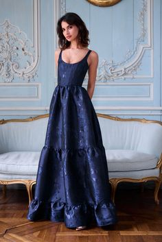 Meet The Avery Dress! She's a beautifully corseted scoop-neck gown with cascading gathered tiers and side pockets. Fall in love with her classic silhouette and darling floral details. Featured in our romantic Navy Baroque Floral brocade, which features navy blue florals on a navy blue background, she's the perfect part Navy Bridesmaid Dresses With Groomsmen, Corset Dress Formal, Corset Formal Dress, Off The Shoulder Formal Dress, Navy Wedding Dress, Unique Prom Dress, Navy Formal Dress, V Chapman, Baroque Floral