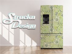 a green refrigerator freezer sitting on top of a hard wood floor next to a white wall