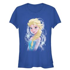 a women's blue t - shirt with a frozen princess image on the front