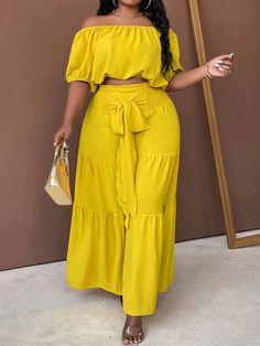 2pcs/Set Plus Size Summer Casual Solid Color Off-Shoulder Top And Pants Yellow Casual    Plain  Slight Stretch  Women Plus Clothing, size features are:Bust: ,Length: ,Sleeve Length: Two Piece Pant Set High Waist, Zanzibar Outfits, Pants And Top Outfit Classy, Yellow Beach Outfit, Greece Lookbook, Summer Sets Two Pieces, Candy Pie, Beach Vacation Style, Crop Top Pants Set