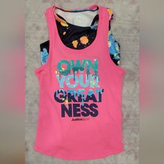 Never Worn Girls Workout Top. Pink Letter Print Tops For Playwear, Sporty Pink Tops For Playwear, Sporty Pink Top For Playwear, Pink Stretch Tank Top With Graphic Print, Pink Cotton Workout Top, Pink Sleeveless T-shirt With Graphic Print, Pink Cotton Top For Workout, Pink Stretchy Top For Playwear, Pink Graphic Print Tops For The Gym