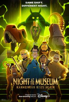 the movie poster for night at the museum featuring characters from various animated movies and monsters