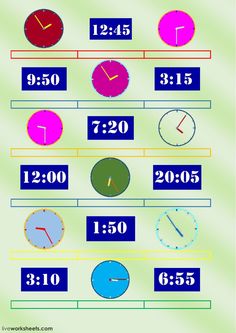 the time zones for different clocks are shown in blue, green and pink colors with numbers below them