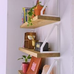 three wooden shelves with plants and pictures on them