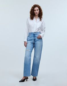 The Petite Curvy '90s Straight Jean in Revoir Wash: Ripped Edition Petite Curvy, Hourglass Shape, 90s Inspired, Denim Details, Straight Jeans, Stretch Denim, Snug Fit, Access Denied, Madewell