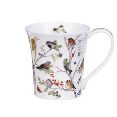 a white coffee cup with birds on it