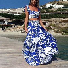 Women's 2 Piece Slim Fit Holiday Crop Top Maxi Skirt | eBay Mode Prints, Elegant Summer Dresses, Womens Boho Dresses, Slim Fit Top, Crop Top Skirt, Blue And White Dress, Mini Robes, 2020 Fashion, Sleeves Clothing