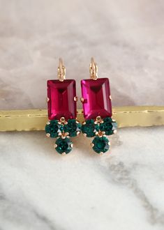 "Pink Green Earrings, Fuchsia Drop Earrings, Fuchsia Emerald Crystal Drop Earrings, Bridesmaids Earrings, Dark Pink Earrings, Gift For Her Dazzling Lever Back Crystal earrings feature a Step cut crystal with petite crystals set on a secure prong setting. The perfect shade for cocktail parties or to add a touch of color to your wedding ensemble Petite Delights is an Official SWAROVSKI® Branding Partner Our brand is legally licensed & authorized By Swarovski Company for high-quality manufactur Pink Earrings With Lever Back Ear Wires For Party, Dark Pink Earrings, Bridesmaids Earrings, Emerald Crystal, Green Earrings, Crystal Drop Earrings, Pink Earrings, Crystal Drop, Bridesmaid Earrings