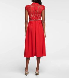 Lace Trimmed Crepe Midi Dress in Red - Self Portrait | Mytheresa A-line Midi Dress For Wedding Guest, Chic A-line Midi Dress With Lace Trim, Spring A-line Crepe Dress, Glamorous Chiffon Dress For Gala, Glamorous Midi Dress For Wedding Guest, Glamorous A-line Midi Dress, Fitted A-line Crepe Midi Dress, Elegant Embellished Midi Dress For Wedding Guest, Elegant Embellished Cocktail Midi Dress