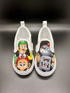 Vans - Hand painted Super Mario characters on all white Toddler Vans shoes.  I can paint them with different characters if your little one has favorites. Super Mario Characters, Sneakers Athletic, Painted Shoes, Toddler Shoes, All White, Vans Shoes, Super Mario, Little One, Mario