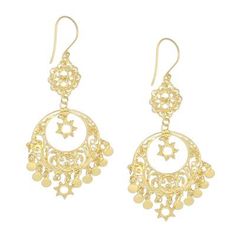 Capturing the beauty of the sunlight these elegant chandelier earrings are designed by Desi Antari in Bali. She works with sterling silver wire and dot patterns to handcraft each earring bathed in 18k gold. A sun shape dangles within each earring which features a sun shape and gleaming medallions that dangle below. Elegant Dangle Earrings With Sun Design, Pierced Yellow Gold Sterling Silver Chandelier Earrings, Elegant Sun Design Dangle Earrings, Elegant Sterling Silver Sun Design Jewelry, Elegant Sun Design Earrings As Gift, Yellow Gold Chandelier Earrings With Sterling Silver, Elegant Sun Design Drop Earrings, Elegant Gold Earrings With Sun Design, Gold Filigree Sterling Silver Chandelier Earrings