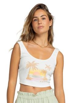 A tropical scene is displayed across this charming cropped t-shirt from Roxy. | Roxy Women's Sunset Beach Drive In Graphic T-Shirt, White, Medium Summer Crop Top With Short Sleeves For Vacation, Summer Beach Crop Top With Crew Neck, Summer Beach Crew Neck Crop Top, Beach Season Crew Neck Crop Top, Summer Graphic Tee Cropped Top, Graphic Tee Cropped Summer Top, Summer Crew Neck Crop Top For The Beach, Casual Crew Neck Crop Top For Beach Season, Summer Vacation Tops With Palm Tree Print