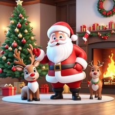 santa claus and his reindeers in front of a christmas tree