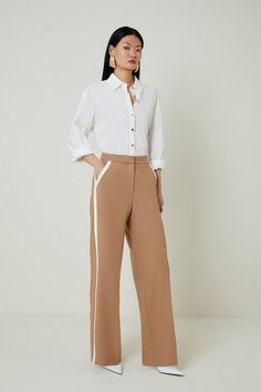 Compact Stretch Contrast Panel Wide Leg Dress Pants | Karen Millen Spring Workwear Bottoms With Contrast Trim, Wide Leg Bottoms With Contrast Trim For Work, Workwear Pants With Contrast Trim, Workwear Bottoms With Contrast Trim, Workwear Straight Leg Bottoms With Contrast Trim, Straight Leg Workwear Bottoms With Contrast Trim, Straight Leg Bottoms With Contrast Trim For Work, Velvet Dress Maxi, Plus Size Workwear