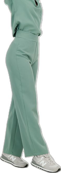 Trendy Solid Color Wide Leg Dress Pants, Trendy Solid Wide Leg Dress Pants, Modern Wide Leg Pants With Elastic Waistband, Trendy Solid Color Wide-leg Dress Pants, Full Length Culottes For Work, Solid Color Straight Dress Pants For Business Casual, Trendy High Waist Wide Leg Formal Pants, Green Solid Color Bottoms For Work, Trendy High-waisted Dress Pants For Office