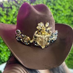 Western Suede Hat for women - with beaded hat band Custom Hat Bands For Rodeo, One Size Fits Most, Western Fedora For Western-themed Events, Western Adjustable Beaded Fedora, Western Style Adjustable Beaded Fedora, Adjustable Beaded Western Fedora, Western High Crown Fedora With Adjustable Fit, Western Beaded Rodeo Hat, Western Fedora With Beaded Curved Brim, Western Beaded Fedora With Curved Brim