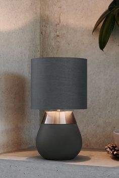 a grey table lamp sitting on top of a shelf next to a potted plant