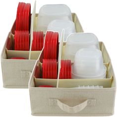 two bins filled with red and white cups