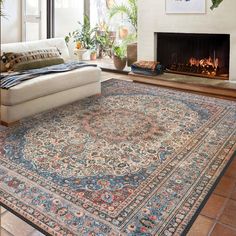 a living room with a large rug on the floor and a fire place in the corner