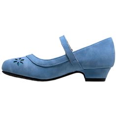 These cute pumps are perfect for her to dress up her casual outfits. The low heel and ankle strap will add a touch of sophistication to her style. *PLEASE NOTE THAT THIS STYLE RUNS BIGGER. MEASUREMENTS ARE INCLUDED BELOW TO HELP YOU PICK THE RIGHT SIZE* Material: Synthetic upper, pig leather lining and insole Extra 5mm cushioning to maximize comfort; easy on-off hook & loop fastener Heel- 1.25 inches approx Available in Pink, White, Red, Blue, Pink, Yellow, Nude and Black. Kids Toddler/Youth Siz Kids Dress Shoes, Cute Pumps, Shoes Mary Jane, Blue Pumps, Blue Heels, Mary Jane Pumps, Her Style, Low Heels, Kids Dress