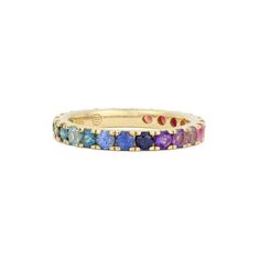 The Stevie Wren Jumbo 14k Gemstone Eternity Band is a stunning piece of jewelry that exudes elegance and charm. This exquisite ring features a dazzling rainbow ombre of paved gemstones, totaling 1.89 carats, creating a vibrant and eye-catching display. The full round cut gemstones are meticulously micro pave set, showcasing precision and attention to detail.Designed with versatility in mind, this band can effortlessly stack together with your favorite ring or make a bold statement on its own. Th Cheap Multicolor Band Jewelry, Rainbow Multi-stone 14k Gold Jewelry, 14k Gold Multi-stone Rainbow Jewelry, 14k Gold Rainbow Multi-stone Jewelry, Rainbow 14k Gold Stackable Jewelry, Fine Multicolor Halo Jewelry, Fine Jewelry With Multicolor Halo, 14k Yellow Gold Eternity Band With Multi-stones, 14k Yellow Gold Multi-stone Eternity Band