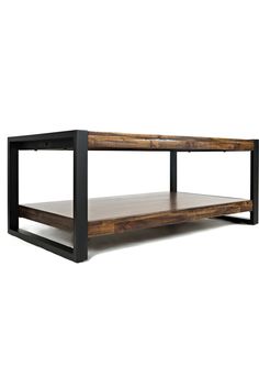 a wooden and metal coffee table with one shelf on the bottom, against a white background