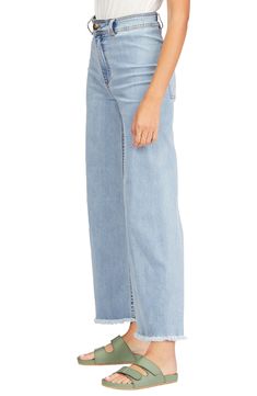 High-rise trouser jeans are ready for a stroll by the beach in light-wash, low-stretch denim with frayed hems and an easygoing wide-leg silhouette. Zip fly with button closure Back patch pockets 98% cotton, 2% elastane Machine wash, tumble dry Imported Women's Clothing Everyday Dark Wash Flare Jeans With Frayed Hem, Chic Medium Wash Flare Jeans With Frayed Hem, Everyday Frayed Hem Bottoms For Fall, High Rise Cropped Jeans With Frayed Hem, Frayed Hem Bottoms For Fall, Everyday Bottoms With Frayed Hem For Fall, Frayed Hem Bottoms For Everyday Fall Wear, Everyday Fall Pants With Frayed Hem, Mid-rise Flare Jeans With Frayed Hem