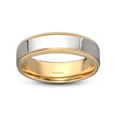 a wedding band with two tone gold inlaying the center and beaded edges