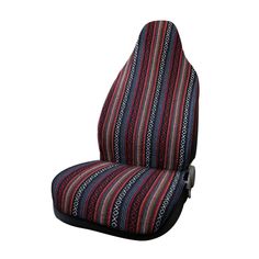 a car seat cover with a multicolored stripe pattern on the front and back