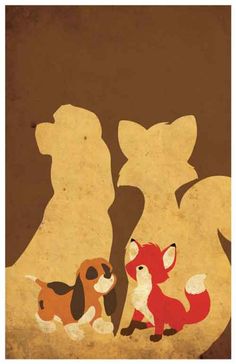 two dogs and a fox standing next to each other in front of a brown background