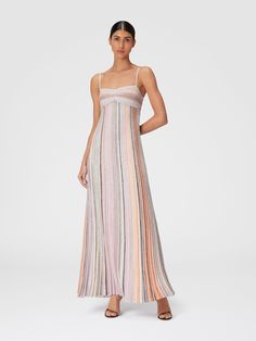 Long sleeveless dress in lamé pleated knit Multicoloured | Missoni Missoni Outfit, Long Sleeveless Dress, Pleated Knit, Missoni Dress, Beachwear Collection, Dress With Pleats, Sleeveless Long Dress, Special Occasion Outfits, Beachwear For Women