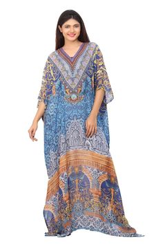 Searching out for some wedding fashion attire…porcelain silk kaftan of this style fulfills your need completely. It is embellished very well with colourful beads and crystals of small size. These beads mashes composedly with the patterns near V-neck line at the front. The bottom print is different from the top one as it offers you a party look alike evening gown. ONE SIZE FIT ALL KAFTAN ( Small to 8XL) Material: 100% SilkQuality: Excellent (Best Quality On Our Stock)Ready Stock Items We ship Sam Beach Kaftan Dress, Kaftan Wedding, Designer Resort Wear, Kaftan Gown, Beach Caftan, Beach Kaftan, Kaftan Designs, Long Kaftan, Silk Kaftan