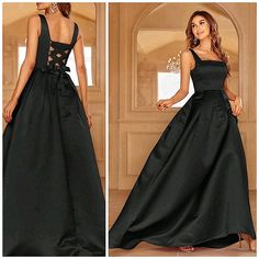 New Princess Seamed Square Neck Lace Up Ball Gown Dress * Sleeveless * Princess Square Neck * High Waist * Back Corset Like Lace Up Tie Detail * Pleated Waist Full Length Skirt *Approximate Unstretched Measurements* Xs (2) * Bust 32"(Up To 34") * Waist 25.25"(Up To 26") * Length 61.25" Small (4) * Bust 34"(Up To 35.25") * Waist 27.2"(Up To 27.5") * Length 61.75" Medium (6) * Bust 35.75"(Up To 37") * Waist 29"(Up To 29") * Length 62.25" Large (8/10) * Bust 37.75"(Up To 39.5") * Waist 31"(Up To 31 Black Classy Formal Dress, Sleeveless Satin Gown With Corset Back, Black Sleeveless Gown For Banquet, Formal Sleeveless Evening Dress With Corset Back, Sleeveless Gown With Corset Back For Formal Events, Sleeveless Evening Dress With Corset Back For Banquet, Formal Sleeveless Gown With Corset Back, Black Satin Maxi Dress For Banquet, Black Sleeveless Gown With Corset Back