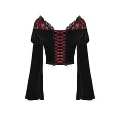 This gothic long sleeves crop top is made of lace and velvet fabric. Designs with off-shoulder, flared sleeves, and contrasting colors. Lace-up and elastic backside for adjustment. Slim-fitted silhouette and super elastic fabric. 
 
Material: Polyester 
Weight: 0.314KG 
Size: XS-XXL 
SKU:?TW478 Dark In Love, Velvet Crop Top, Lace Splicing, Cropped Tops, Low Iron, Red Lace, Black Crop Tops, Flared Sleeves, Long Sleeve Crop Top