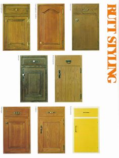 various types of kitchen cabinet doors and drawers with the words building written in orange above them