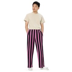 Fun black and lavender stripes make these the coolest casual lounge pants. Pajamas for bedtime or just comfy wide-leg pants for kicking back around the house. Black stripes on violet color make these great pants for your pirate costume. These PJLove pants feature a relaxed unisex fit and can be worn comfortably on the waist or the hips. Elastic waistband with white drawstring for ultimate sizing versatility. With practical side pockets, our pjs/lounge pants are made of premium knit mid-weight (6 Casual Wide-leg Sleep Pants, Casual Relaxed Fit Vertical Stripes Sleepwear, Casual Sleepwear With Vertical Stripes And Relaxed Fit, Casual Vertical Stripes Bottoms For Loungewear, Casual Striped Bottoms For Loungewear, Trendy Striped Pants For Loungewear, Casual Wide-leg Vertical Stripes Pants, Casual Striped Lounging Bottoms, Casual Striped Bottoms For Lounging