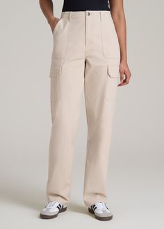 About Our Straight Leg Cargo Chino Pants for Tall Women The style and utility of a cargo pant meets an extra-long inseam on these chinos for tall women. Designed specifically for ladies from 5’9 to 6’6, they have a high rise and a straight leg that creates a modern, flattering fit. These women’s tall pants are made with stretch-infused cotton that’s been pre-washed and shrinkage controlled to make sure the silhouette stays perfect. Store everything you need for a day on the go with plenty of poc Khaki Utility Cargo Pants Full Length, Khaki Full Length Utility Cargo Pants, Beige Workwear Bottoms With Flap Pockets, Beige Workwear Pants With Flap Pockets, Utility Pants With Flap Pockets, Beige Pants With Multiple Pockets, Workwear Chinos With Side Pockets, Workwear Full Length Chinos With Side Pockets, Full-length Chinos With Side Pockets For Workwear