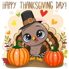 a thanksgiving card with an owl wearing a pilgrim's hat and holding two pumpkins