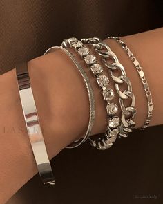 Lasaky - Set of Five Womens Fashion Bracelets Featuring Elegant Faux Diamond Accents and Geometric Cutouts Silver Bracelet Stack, Wedding Bride Jewelry, Bracelet Set Silver, Bracelets Design, Hair Accessories Gift, Simple Bracelets, Estilo Hip Hop, Hand Jewelry, Rhinestone Bracelet