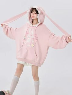 Pink Bunny Ears Hoodie Pink Bunny Ears, Bunny Ear Hoodie, Bunny Fashion, Kawaii Sweater, Kawaii Hoodie, Bunny Hoodie, Style Kawaii, Bunny Outfit, Cute Hoodie