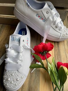 What a comfy way to walk down the aisle. These are Keds platform sneakers. I will embroider your name on the tongue and a date on the side. Pearls on the toe and ribbon laces, either satin or sheer ! You choose the thread color for the words and the hearts. Please write in a color in your order along with personalization. If you are trying to match something please message me and send a photo. Sizes are listed as Woman's sizes A cushiony platform sneaker with endless styling options. The Triple Wedding Keds, Keds Platform Sneakers, Sneaker Wedding, All White Converse, Sports Bag Tags, All White Shoes, Bridal Sneakers, Ribbon Laces, Converse Run