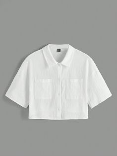 White Casual Collar Half Sleeve Woven Fabric Plain Shirt Embellished Non-Stretch  Women Clothing Criped Shirt, White Button Up Shirt Women Short Sleeve, Half Collar Shirt For Women, Round Bottom Shirts, Square Shaped Shirts, Shirt Sleeve Template, Plain White Blouses, Short Sleeve White Shirts, Short Sleeve White Shirt Women