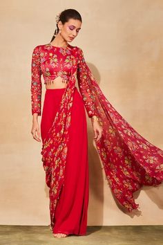 Buy Red Modal Printed Floral Jaal Round Blouse And Sharara Saree Set For Women by DiyaRajvvir Online at Aza Fashions. Bollywood Style Red Pre-draped Saree With Self Design, Red Unstitched Pre-draped Saree For Diwali, Red Georgette Pre-draped Saree With Sheer Dupatta, Red Pre-draped Saree With Unstitched Blouse For Navratri, Red Georgette Blouse Piece For Navratri, Festival Red Georgette Blouse Piece, Fitted Red Georgette Blouse Piece, Red Long Sleeve Georgette Lehenga, Fitted Red Pre-draped Saree With Sheer Dupatta