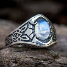 Men's 925 Sterling Silver Oval Moonstone Vintage Thai Ring - Picture 1 of 9 | Cool rings for men Celtic Engagement Rings, Celtic Knot Designs, Pattern Ring, Sterling Silver Engagement Rings, Unique Wedding Bands, Silver Engagement Rings, Shop Engagement Rings, Moonstone Ring, Men's Rings