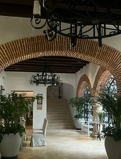 an arched doorway leads to the dining room and living area with potted plants on either side