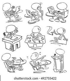 hand drawn doodles of people working at different desks and chairs, one man is on the phone