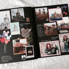 an open photo book with pictures and words on it's pages, including images from disney world