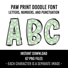 an animal alphabet with paw prints on it and the letters abcc are in black, white